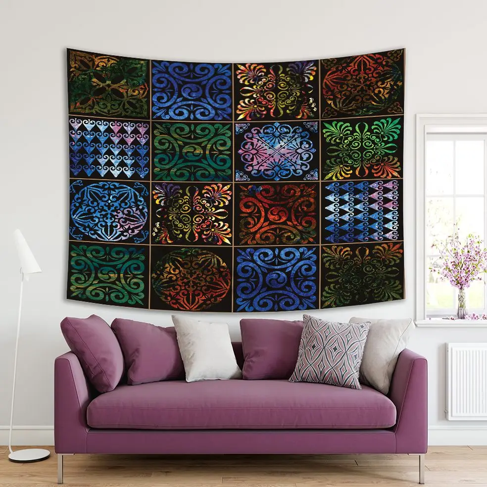 

Tapestry Colorful Set of Ornamental Tiles with Vintage Ethnic Patterns Artwork Blue Green Brown Black