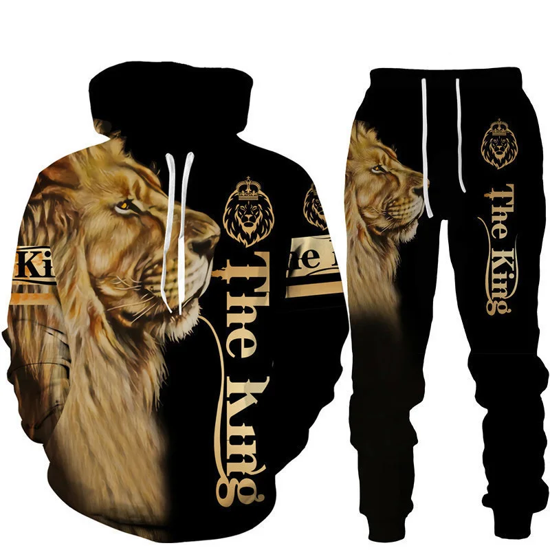 Cool The Lion King 3D Printed Hoodie + Pants Suit Fashion Men's Hooded Sportswear Tracksuit Two Piece Set Couple Jogging Outfits