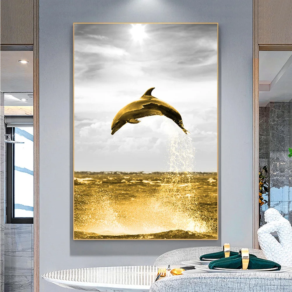 

Jumping Golden Dolphin Canvas Painting Animal Luxury Poster and Print Abstract Picture for Living Room Wall Art Home Decor