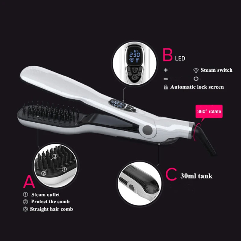 Steam Hair Straightener Brush PCT Fast Heating Flat Iron Professional Electric Comb Irons | Красота и здоровье