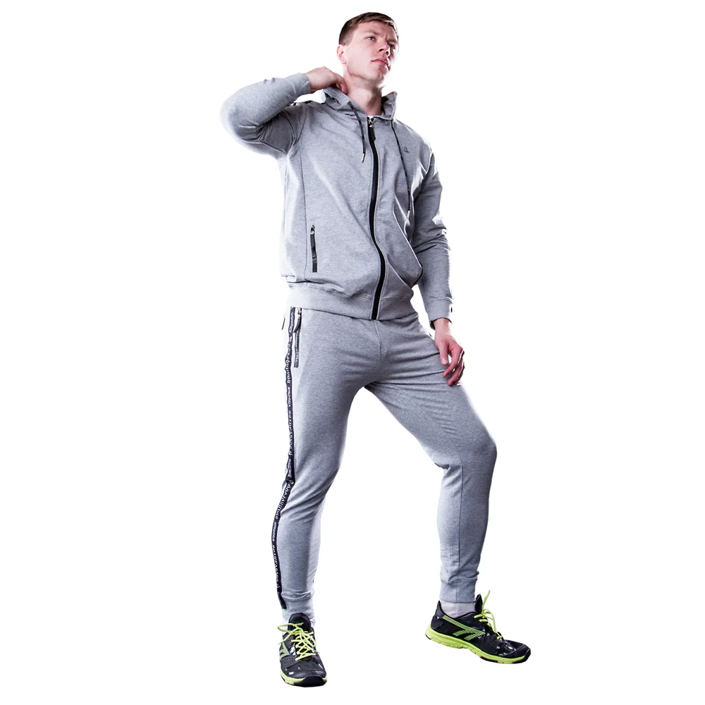 Спортивный костюм Великоросс цвета серый меланж жаккардовые лампасы и брендовые