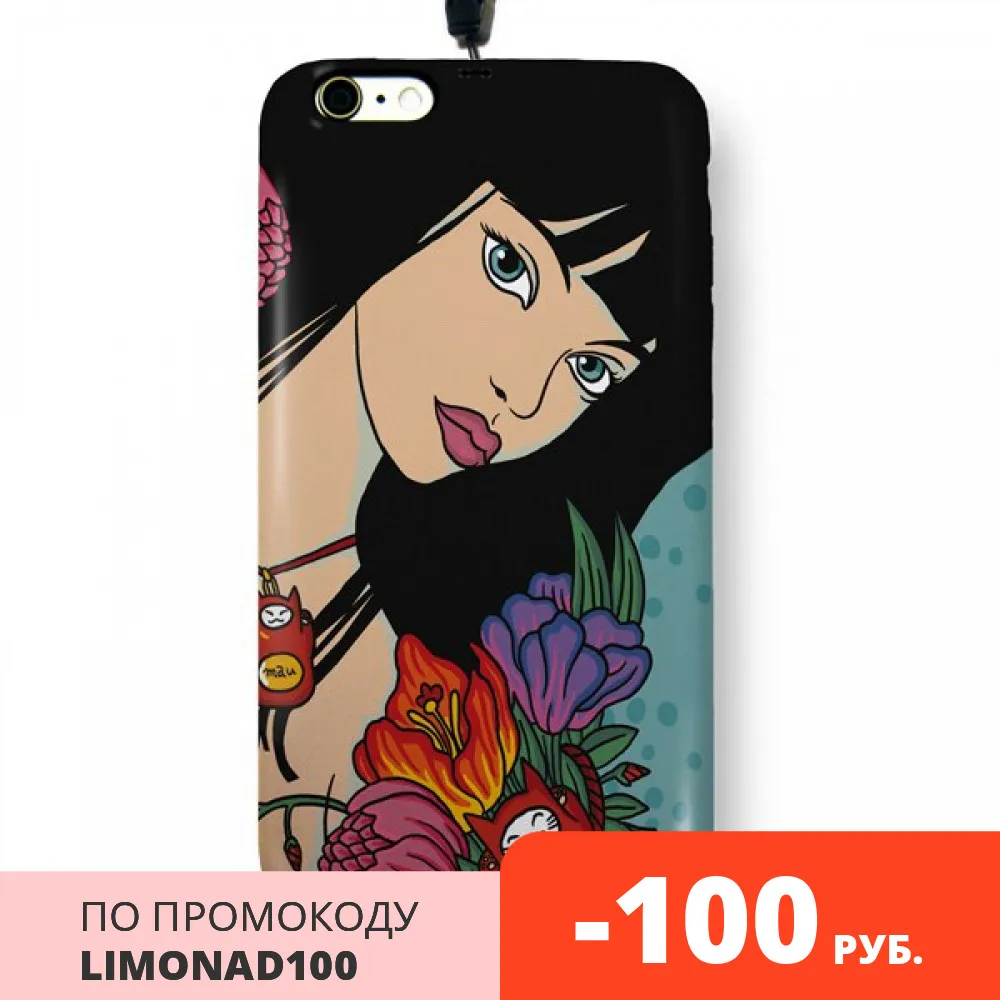 Чехол пластиковый для айфона 6/6S &quotДевушка и манеки-неко&quot с ланъярдом |
