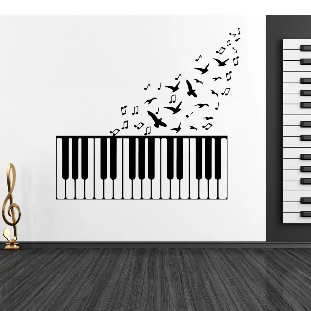 Пианино-ключи с заметами и птицами, летающая музыка, настенная наклейка, музыкальный любовник для дома и украшение музыкального магазина A003076