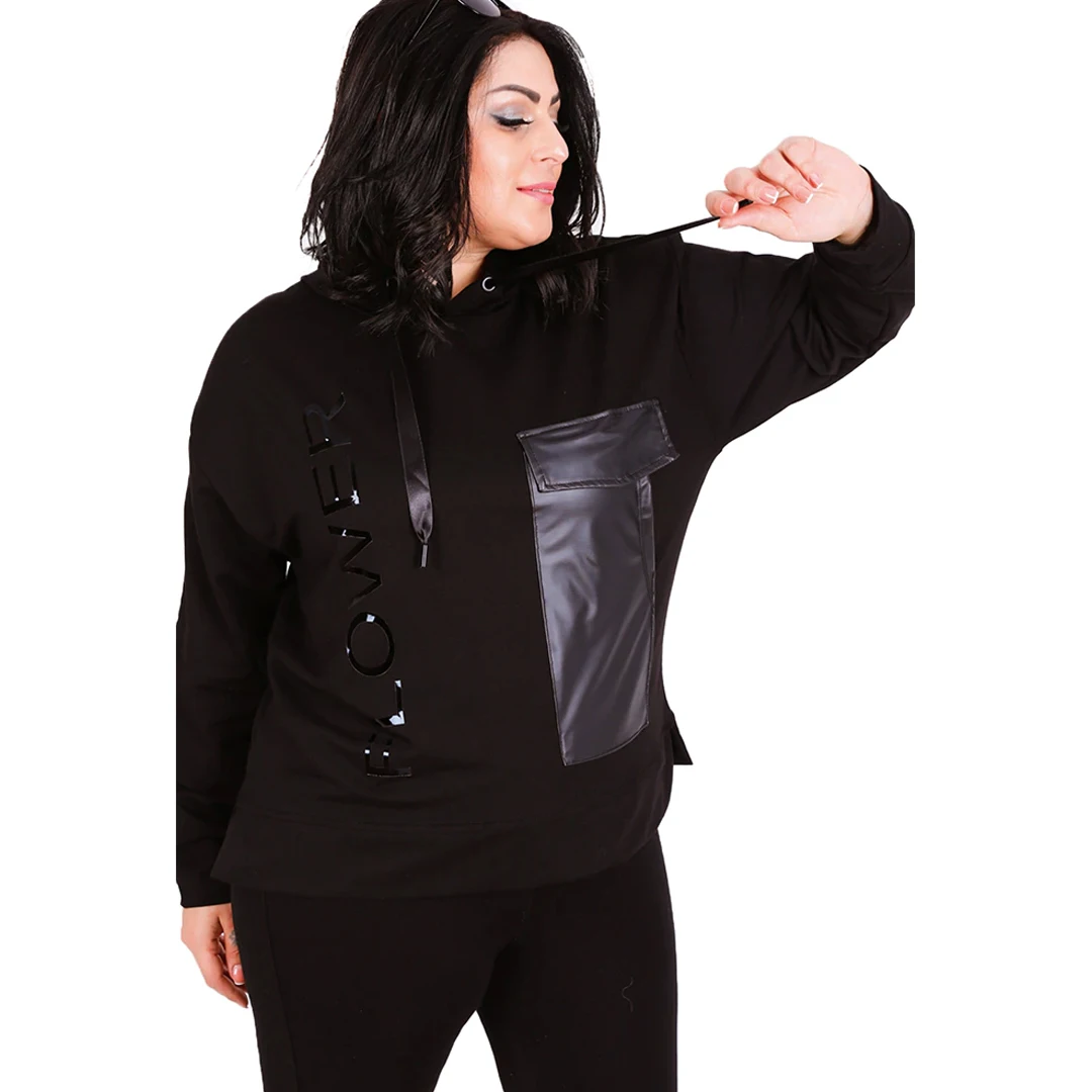 Women’s Plus Size Leather Look Pocket Detail Black Hoodie, Designed and Made in Turkey, New Arrival