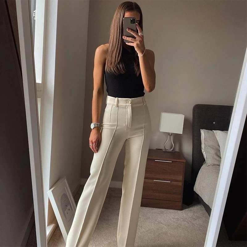 

2022 Brown High Waist Casual White Pants Women Office Wear Korean Trousers