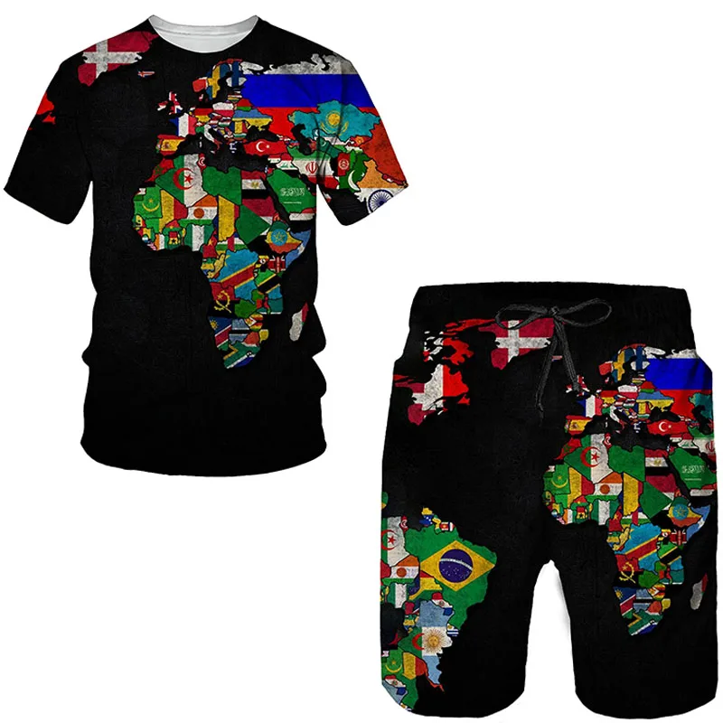 

New Summer 3D Map Printing Casual Men Short Sleeve T-shirts +Shorts Male O Neck Top Tracksuit Set Men's Clothing 2 Pieces Set