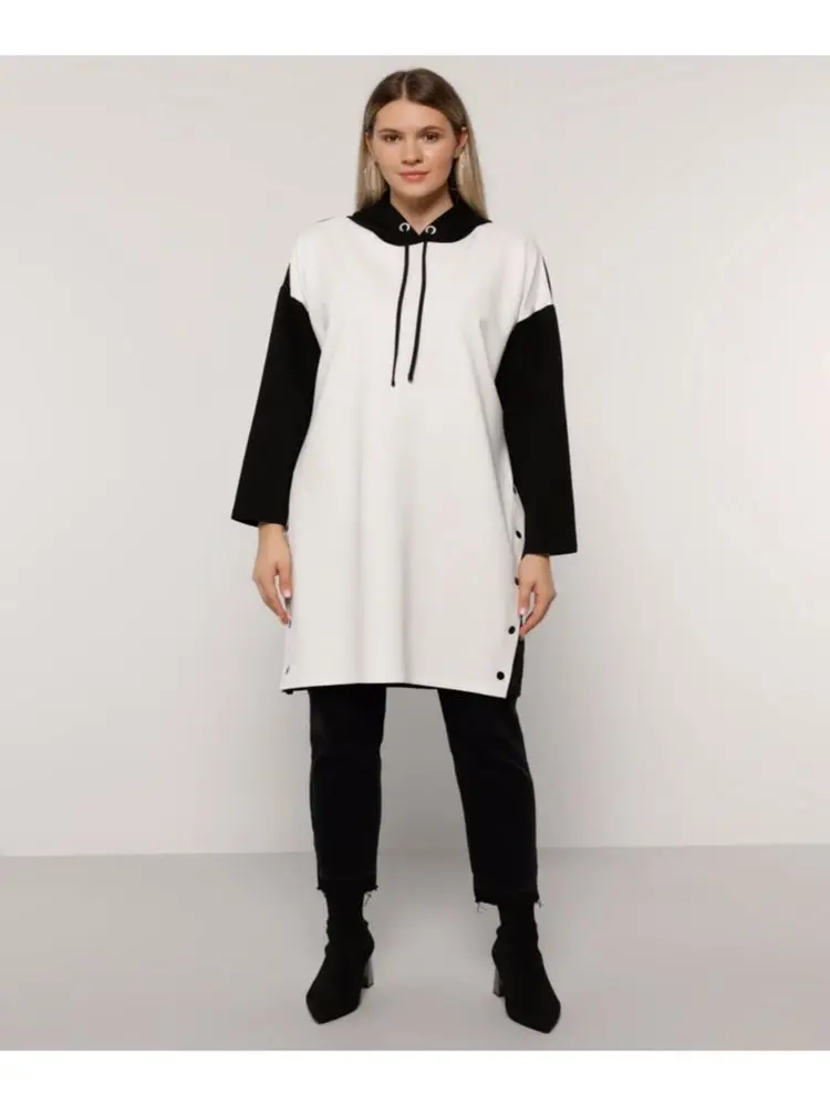 

Large Size Side of Snap Fitness Tops Long Sleeve Hooded Tunic Detailed Muslim Hijab Fashion Clothing Turkey Dubai Abaya Kaftan