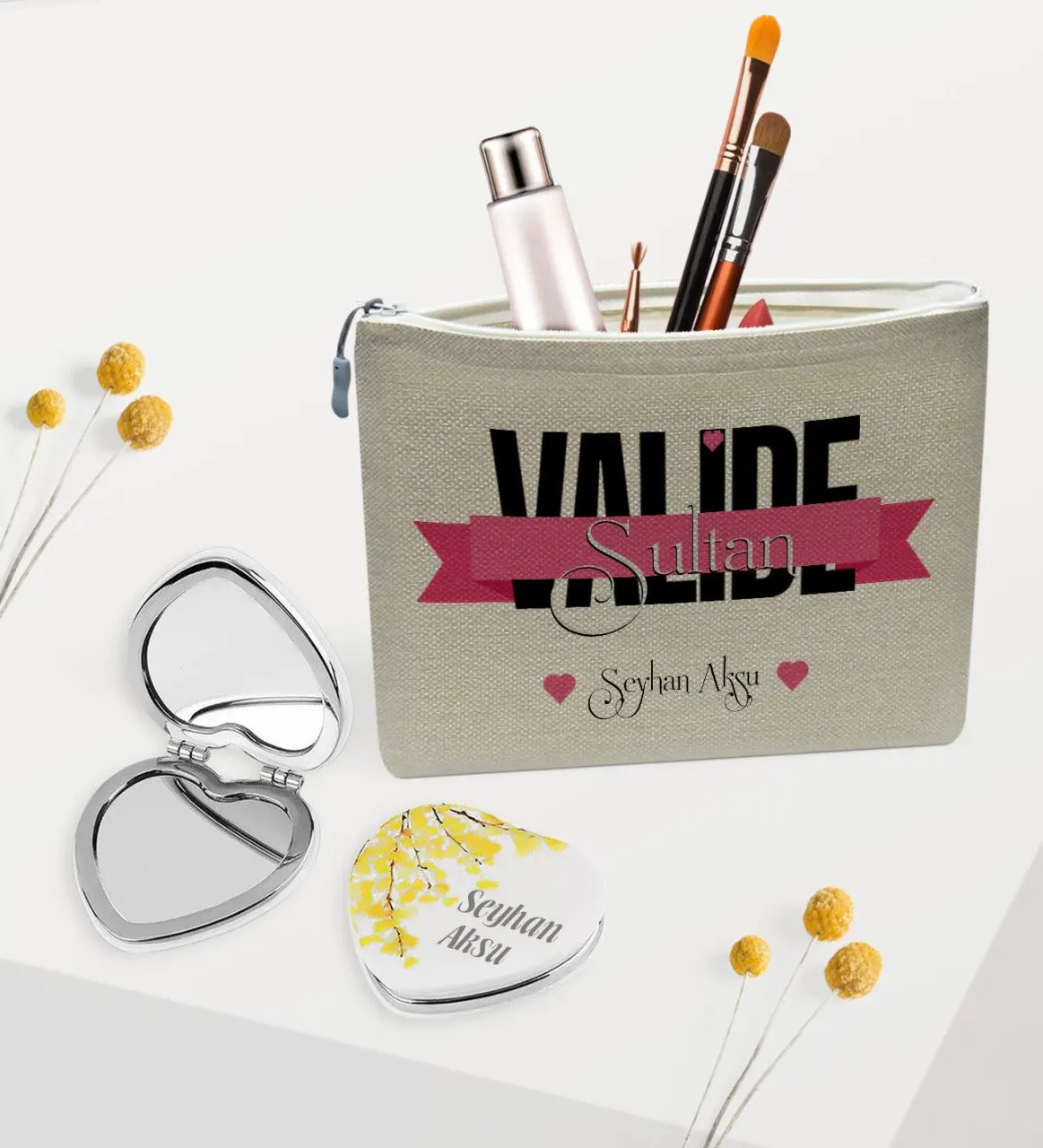 Персонализированные Валиде Sultan льняная косметичка и сердце зеркало подарок Seti