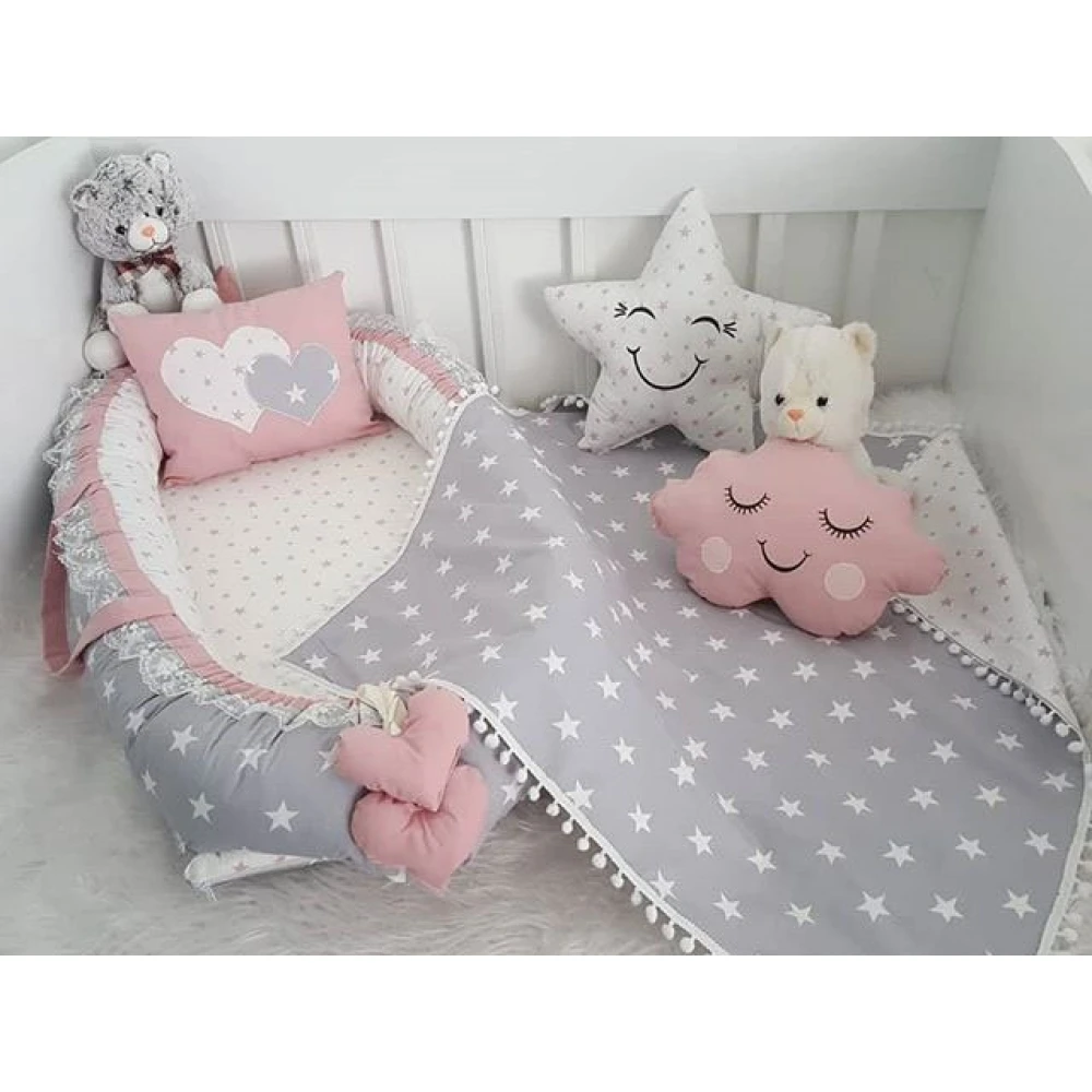 Jaju Baby Handmade Pink and Gray Stars Pompom Pike Luxury Orthopedic Babynest and 5 Piece Bedding Set Mother Side Portable Bed