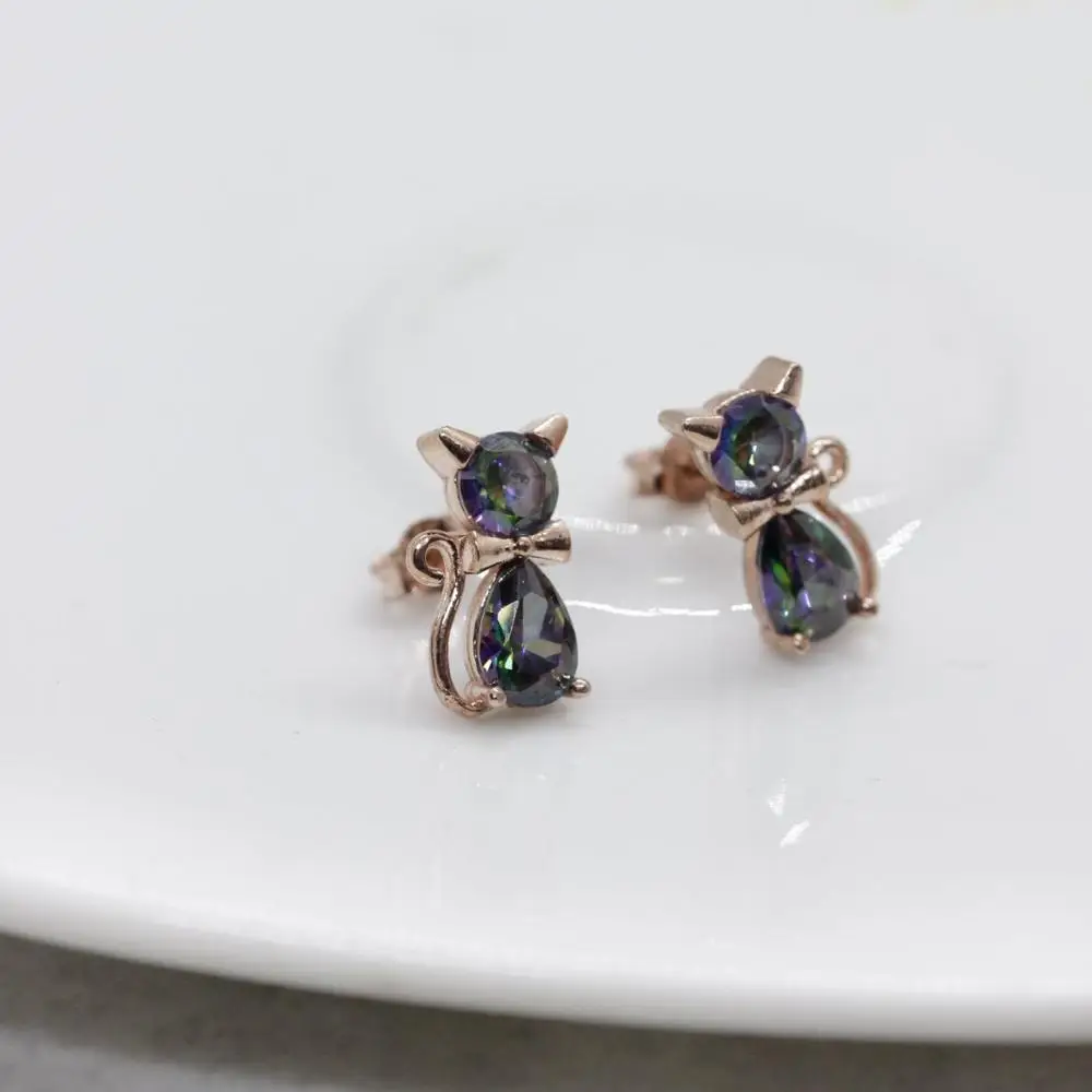 

Mystic Zircon Stone Cat Earring 925 Sterling Rose Gold Plated Women's Fashion Jewelry Pretty Accessory Colorful Charming