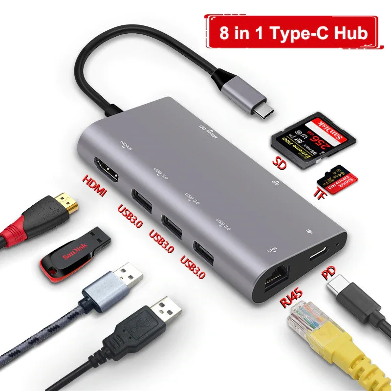 Feed me USB3.0 концентратор USB C к HDMI RJ45 автомобильный считыватель PD адаптер для MacBook Samsung