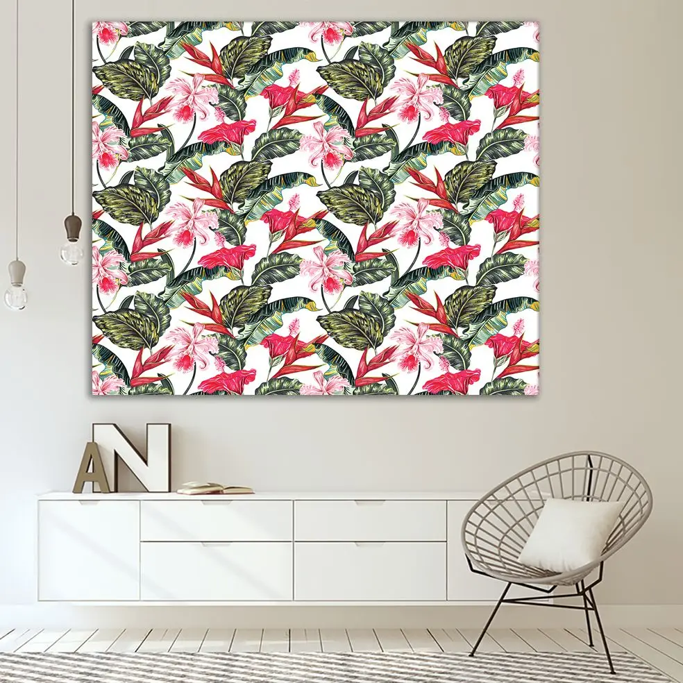 Гобелен Цветочный Тропический узор с экзотическими цветами Пальмовые Листья
