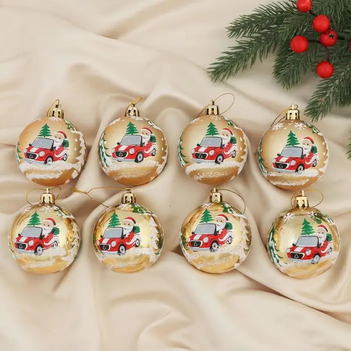Набор шаров пластик d-6 см 8 шт 'Дед Мороз на автомобиле' золото (комплект из 3