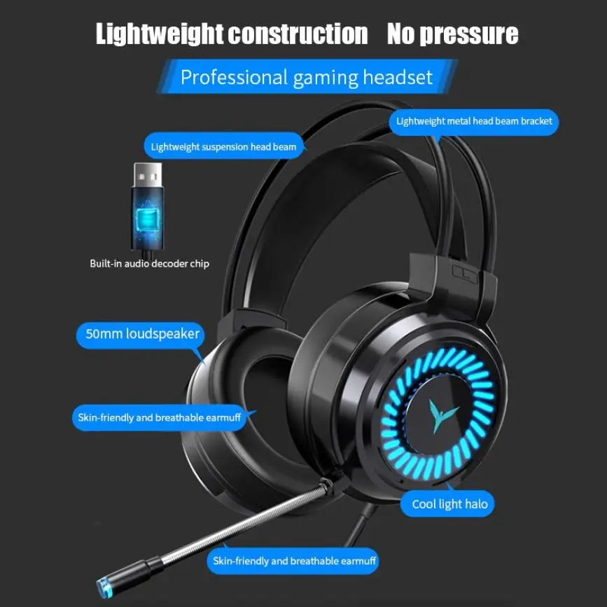 

Gaming Headsets Gamer Headphones Surround Sound Stereo Wired Earphones USB Microphone Colourful Light PC Laptop Game Headset