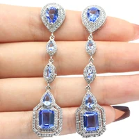64x14mm pretty 10 3g long violet tanzanite white cz womans jewelry silver earrings