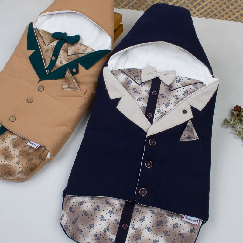 

Brown, Navy Blue Swaddle For Baby Boy Gentleman Bow Tie Jacket Look Newborn Babies Embroidered Stroller Bedding Fashion Models