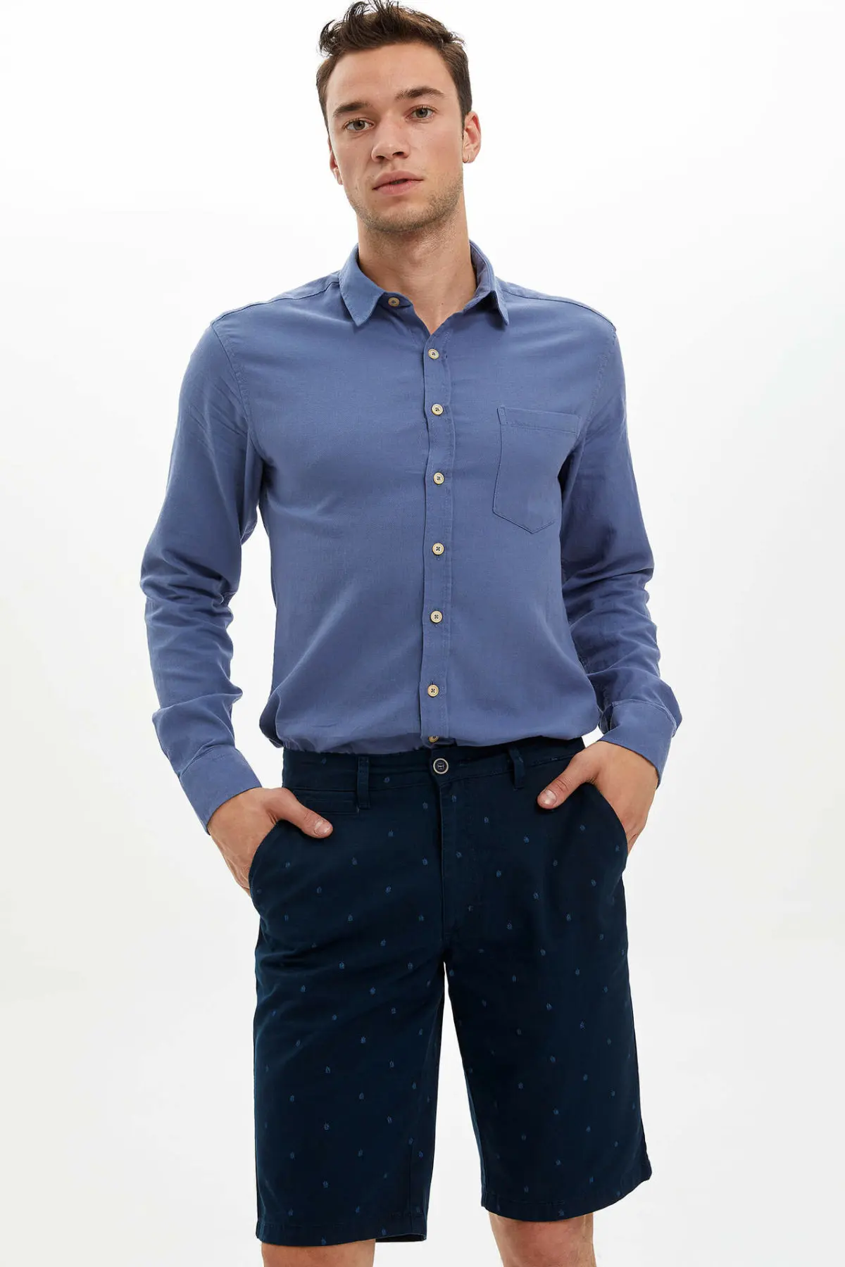 DeFacto мужские рубашки синего цвета на лето и осень повседневные смарт-рубашки с