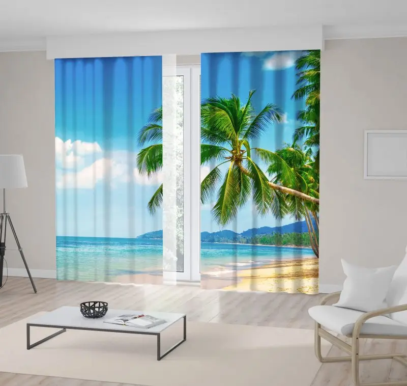 Занавеска тропический пляж пальмы с вокруг пушистых облаков на небе сохранять