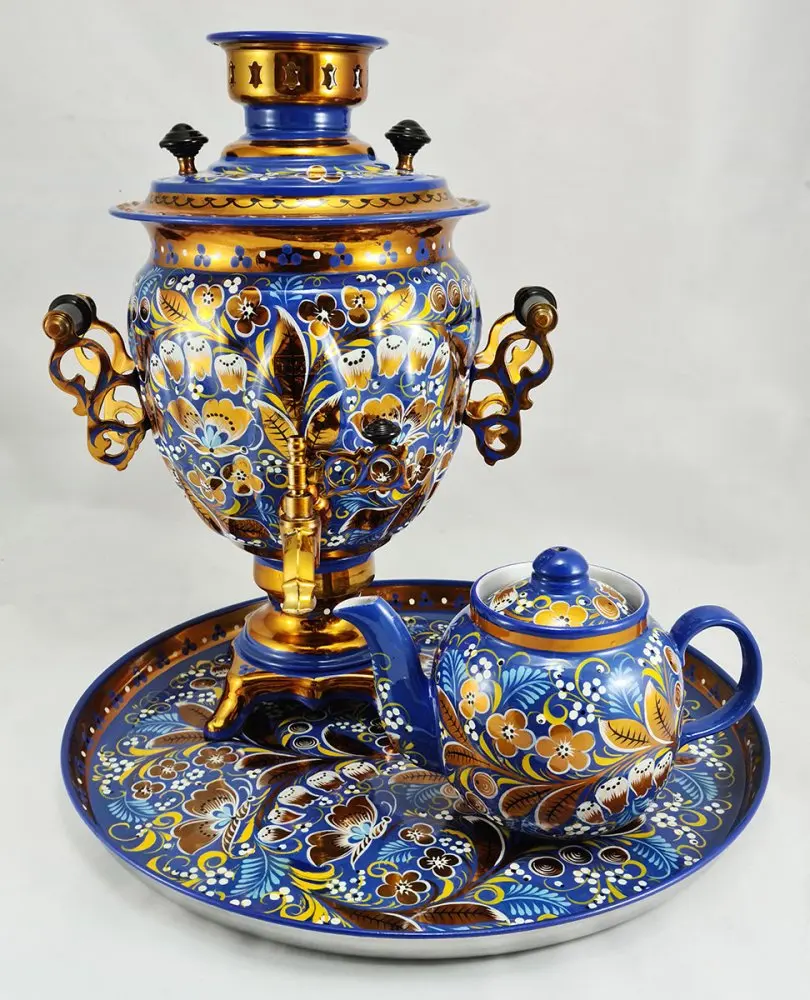 Самовар электрический синий фон форма Желудь 3 литра |