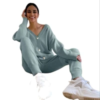 2021 womens sportswear v neck solid color neck sweater casual suit spring and autumn two piece knit pants sports suit