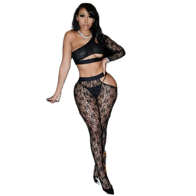 

2022 Patchwork Women Lace 2 Piece Set Long Sleeve Crop Top High Waist Full Pants Hollow Out See Through Sheer Club Party 2020
