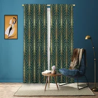 Art Deco No:6 Gold Light-Dark Green 2 Panel Blackout Curtain Colorful Fantasy Window Drapes Floral Printed Bedroom Living Room