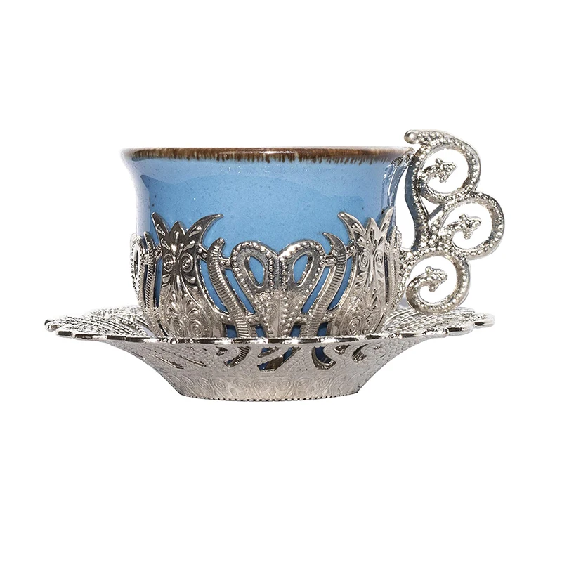 

Turkish Greek Arabic Coffee Espresso Cup Saucer Set 6 Person Silver Mix Color High Quality Zamac and Porcelain Made in Turkey