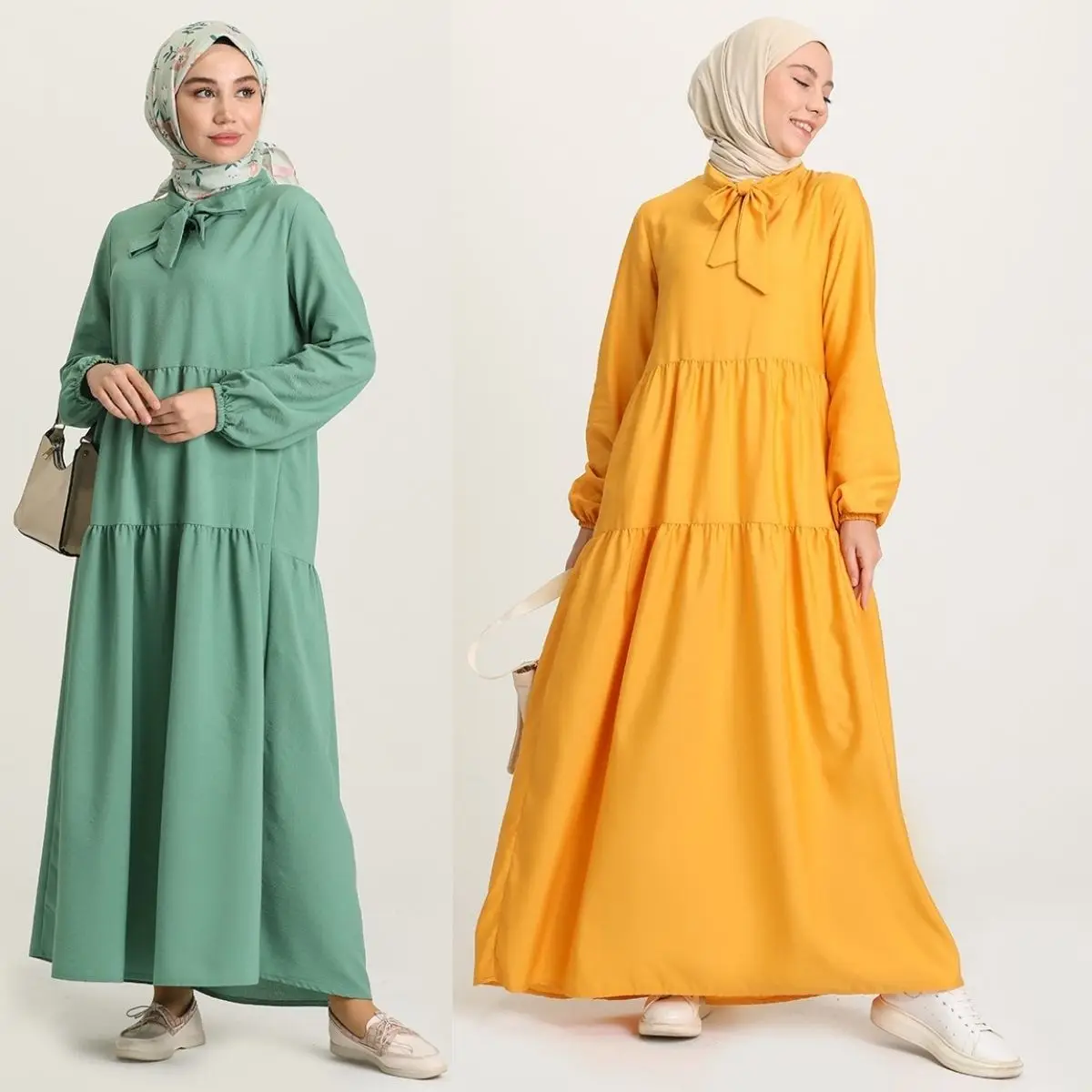 

Tie Collar Pleated Dress Plain Unlined Long Elastic Sleeves Bow Lady Seasonal Winter Women Hijab Clothing Fashion Muslim Styl