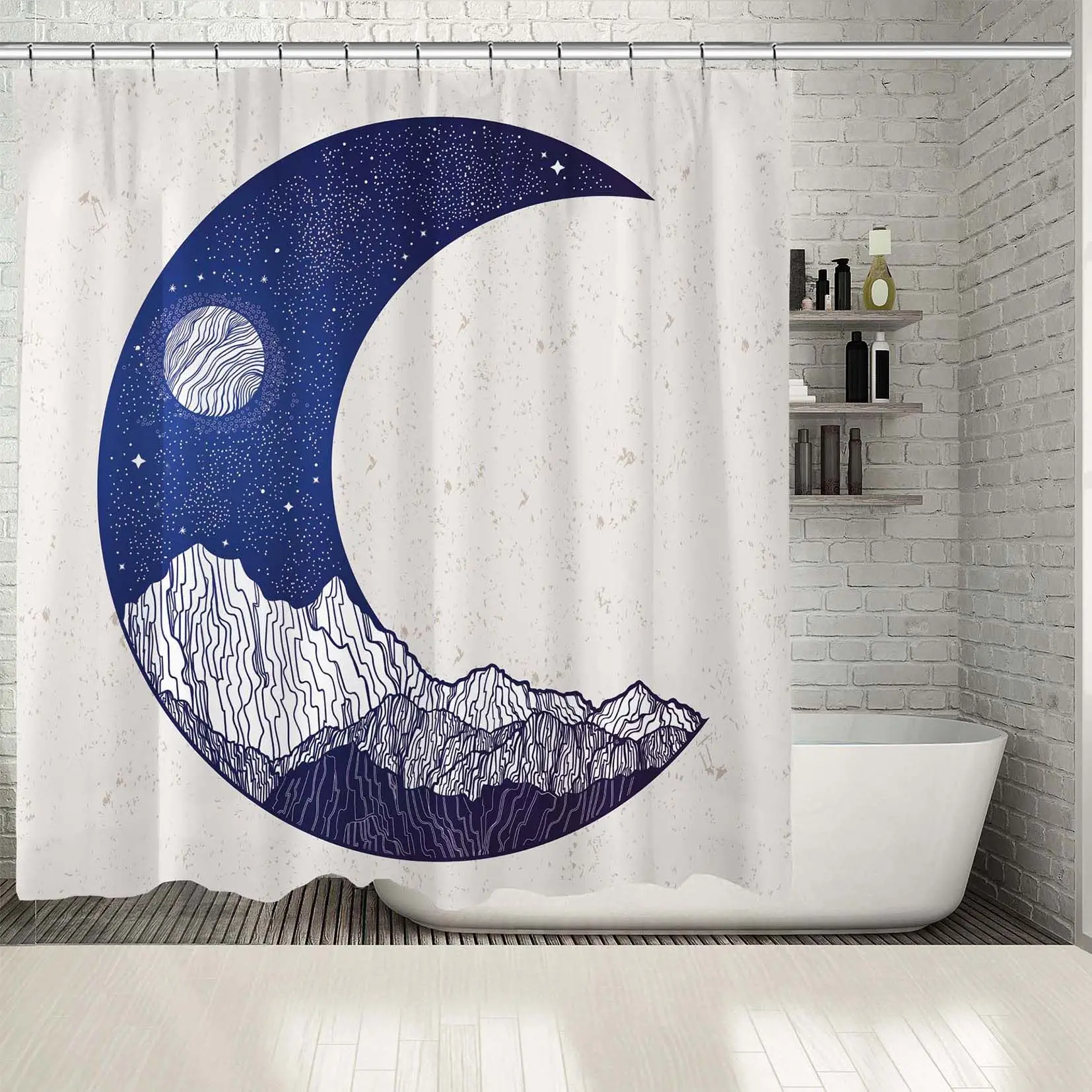 

Shower Curtain Mountains Full Moon and Stars Night Sky in Crescent Shape Nature Theme Decorative Artwork Blue White
