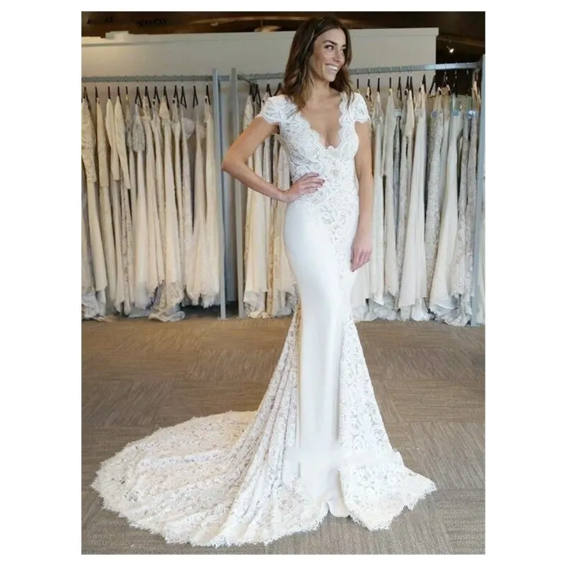 

Mermaid Wedding Dress Deep V Neck Short Sleeve Lace Open Backless Bridal Gowns Court Trail vestido de noiva Custom Made