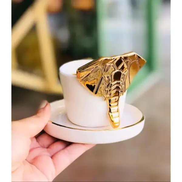 

Elephant Figured Cup and saucer Espresso Gold gilded Turkish coffee creative mugs white ceramic stylish new style cute handmade