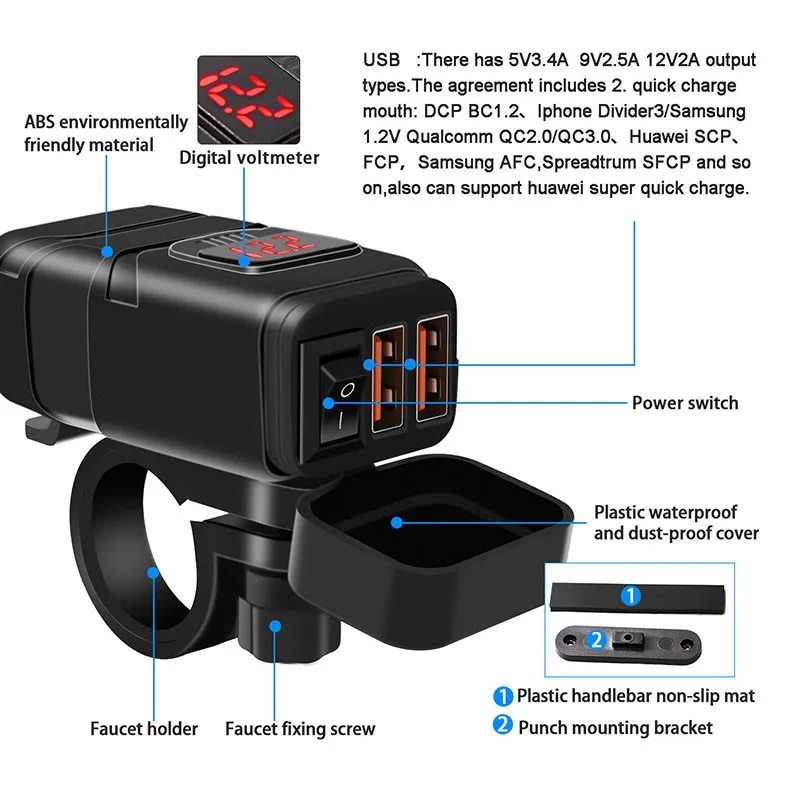 Motorcycle Quick Charger Waterproof QC3.0 Dual USB Adapter DC 12V ABS Power-off Switch Voltmeter Mobile Phone Tablet Fast Charge |