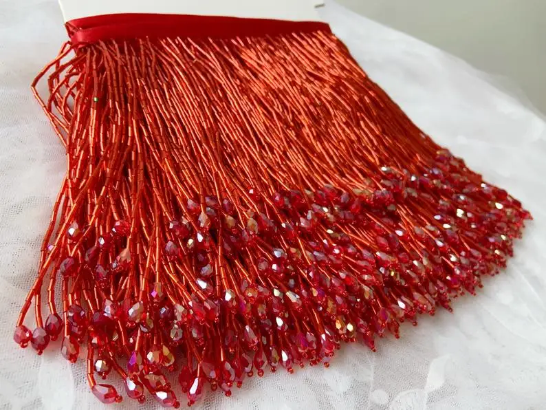 1 Yard Red Gold Heavy Bead Fringe Tassel Trim For Dance Costume Haute Couture Dress Trimming Beading Fringe