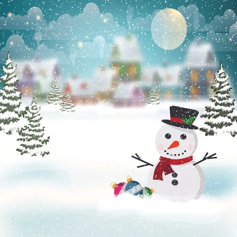 Занавеска зимняя деревня снежные домики пихта Снеговик полная луна звезды