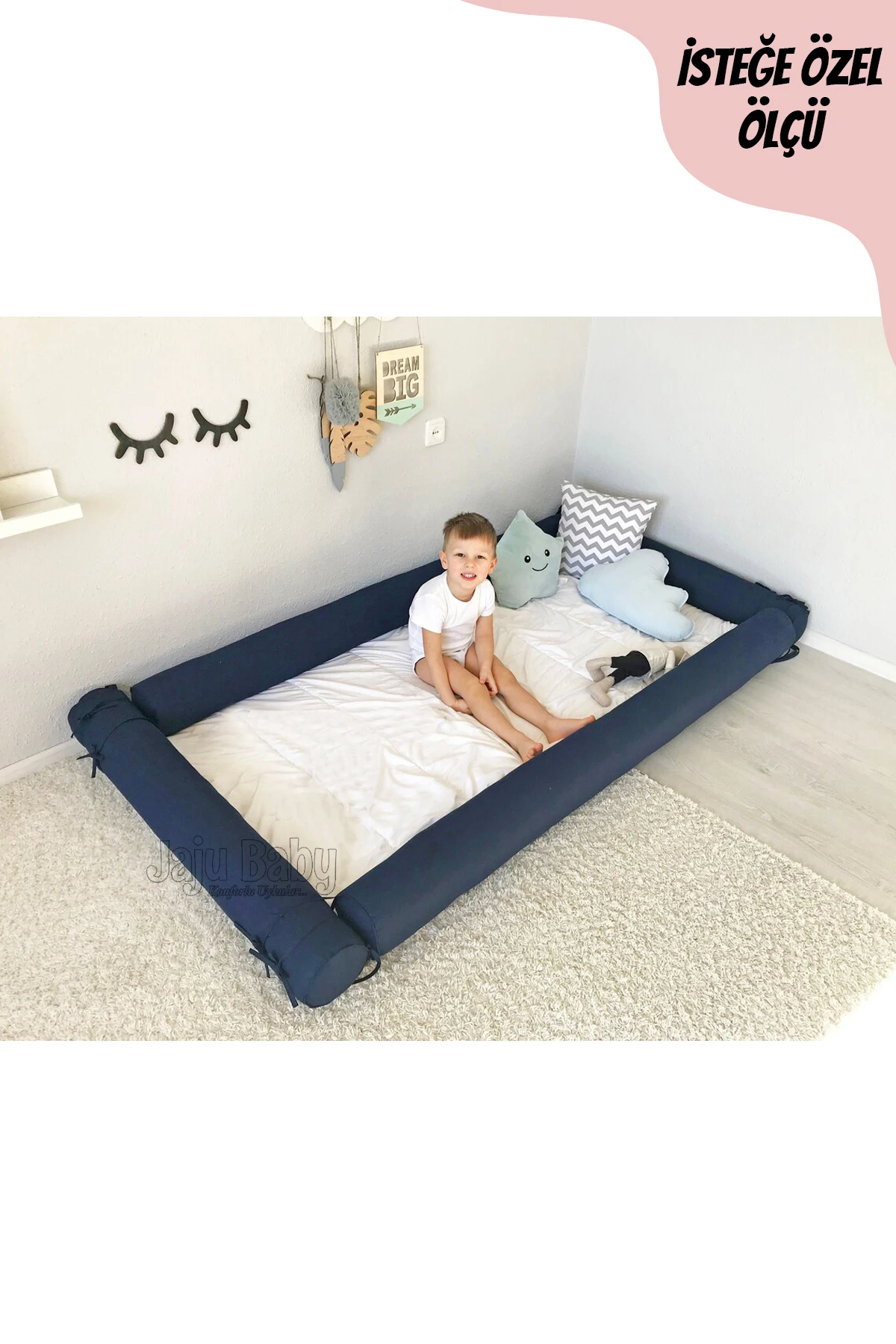 Jaju Baby Handmade, Navy Blue color Montessori Mattress Cylinder Barrier Crib Side Protection Custom Size