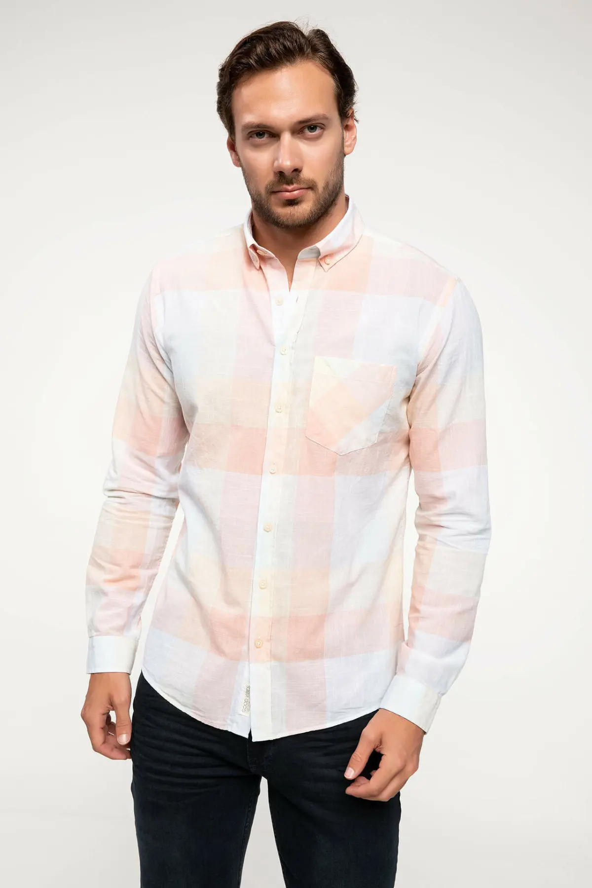 DeFacto умная повседневная мужская синяя клетчатая рубашка тканый Топ с длинным