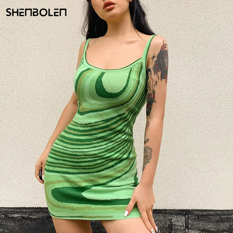 

Harajuku Wave Knitted Elegant Spaghetti Strap Mini Dress Off Shoulder Sexy Bodycon Party Dresses Women Vacation Clothes