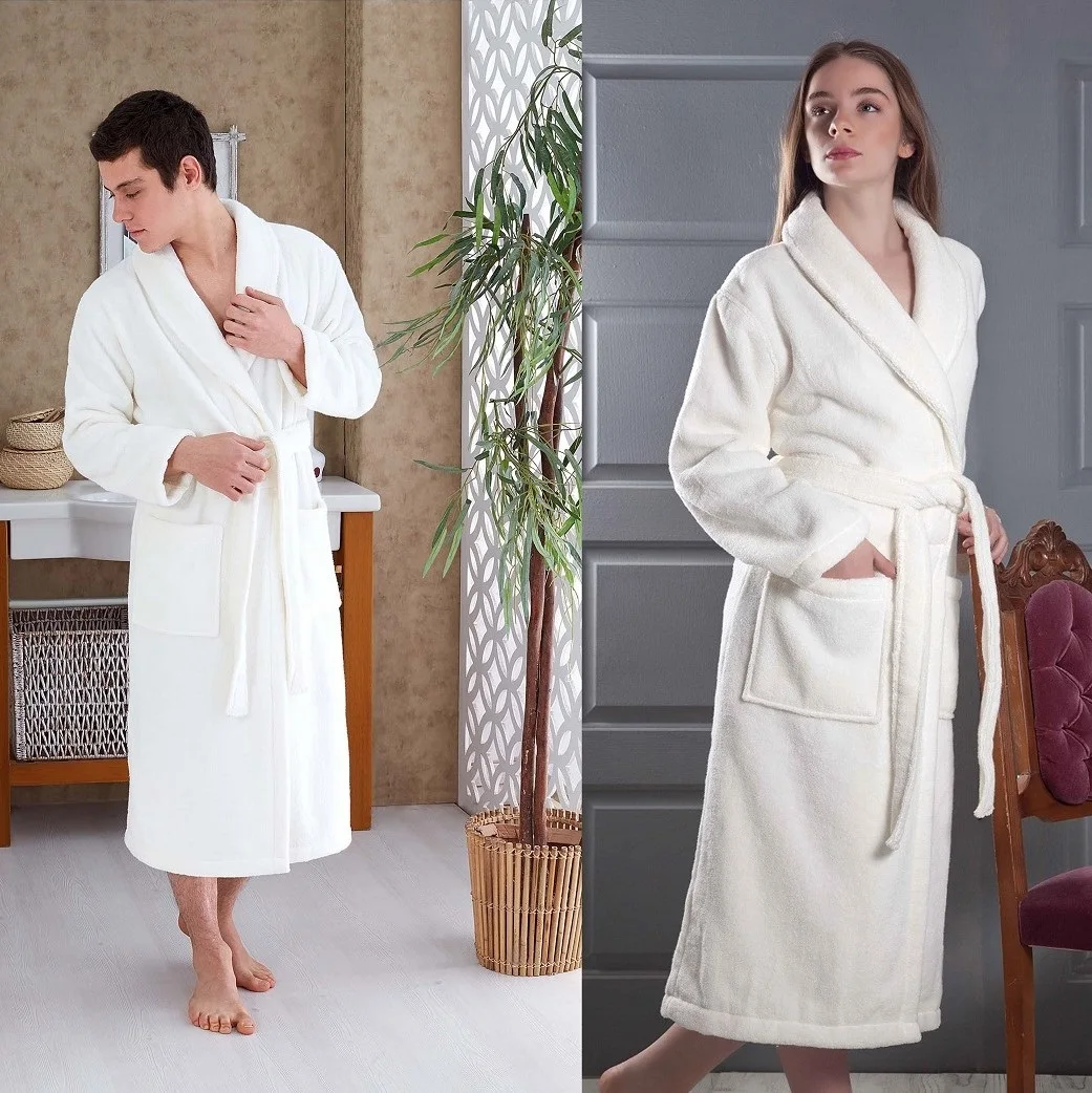 Bathrobe Terry Bath White for hotels and for home, Universal, for sauna and swimming pool, hotel textiles, hotel robe, soft natural cotton terry robe, large size long bath robe for men and women