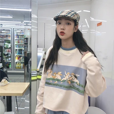 beige Ангелы мультфильм печати Harajuku Осень и зима толстый женский укороченный свитер корейский стиль свободный негабаритный пуловер - Цвет: beige