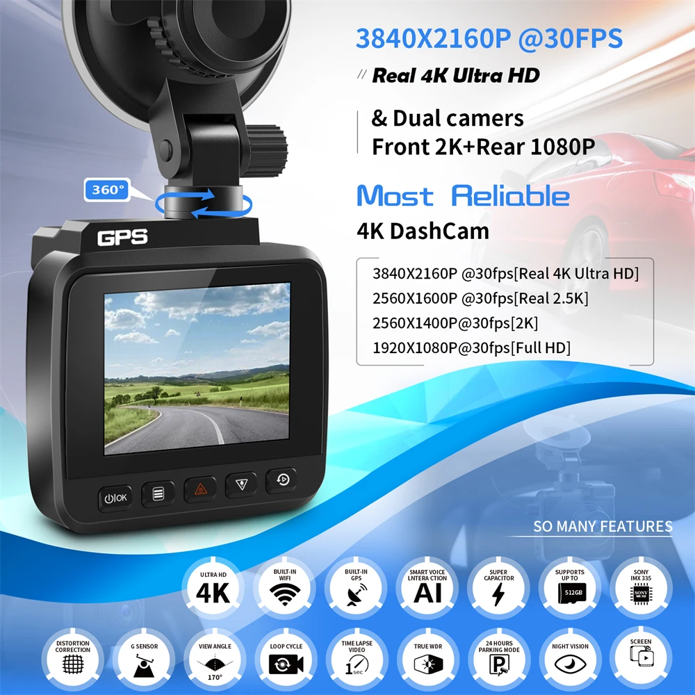 

Автомобильный видеорегистратор FHD 4K 2160P Sony Датчик WIFI GPS регистратор 2 камеры видеорегистратор Ночное видение 170 градусов широкоугольная видеокамера