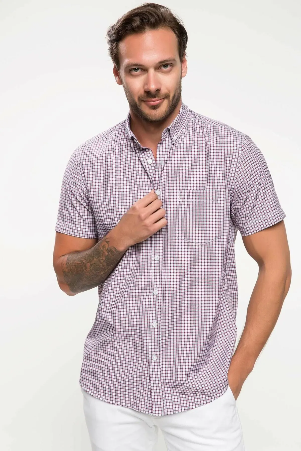 Мужская клетчатая рубашка DeFacto Повседневная с короткими рукавами и отложным