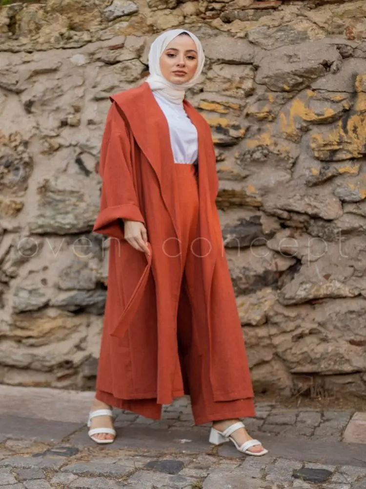 

Linen Cap Suit Double Trousers Trench Set Oversize Outerwear Wide Fit Thin Summer New Season Wide Leg High Waist Trousers Hijab