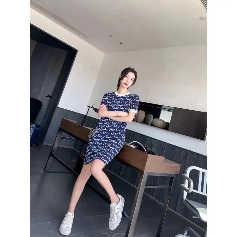 

2021 Summer Fashion Ladies Dress Casual T-Shirt Skirt All-Match Street Round Neck Print New Large Size Dress Office Mini Skirt