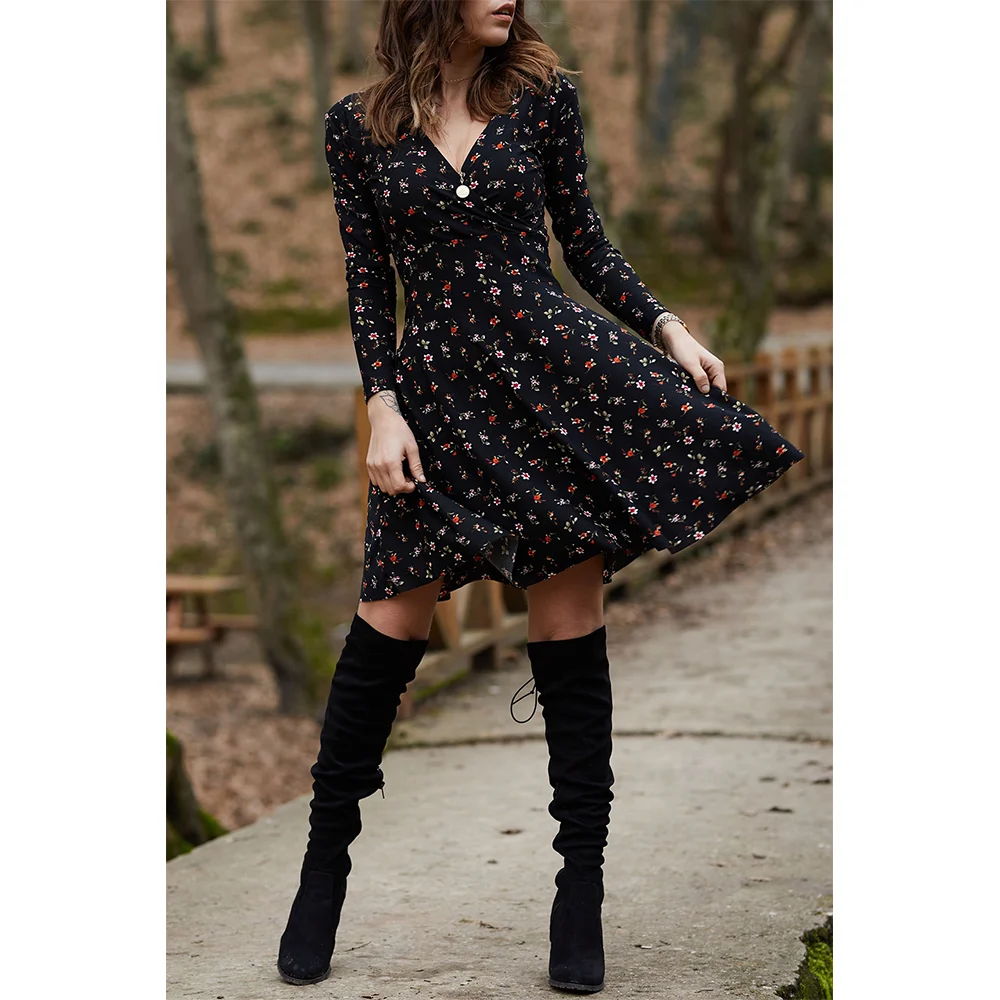 

2021 flower Print Double Breasted WOMEN Dress