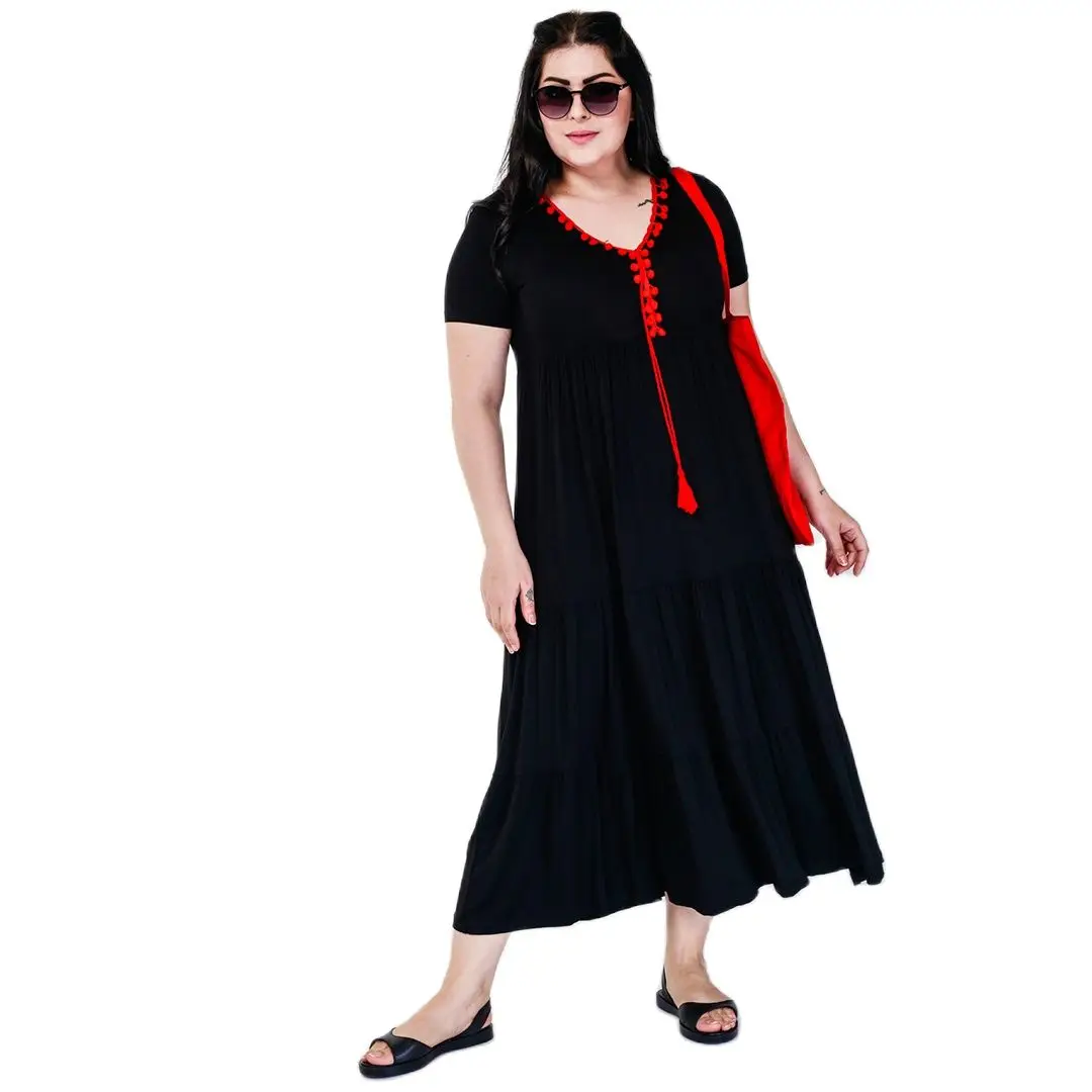 Women’s Plus Size Red Tassel Detail Midi Black Dress, Designed and Made in Turkey, New Arrival