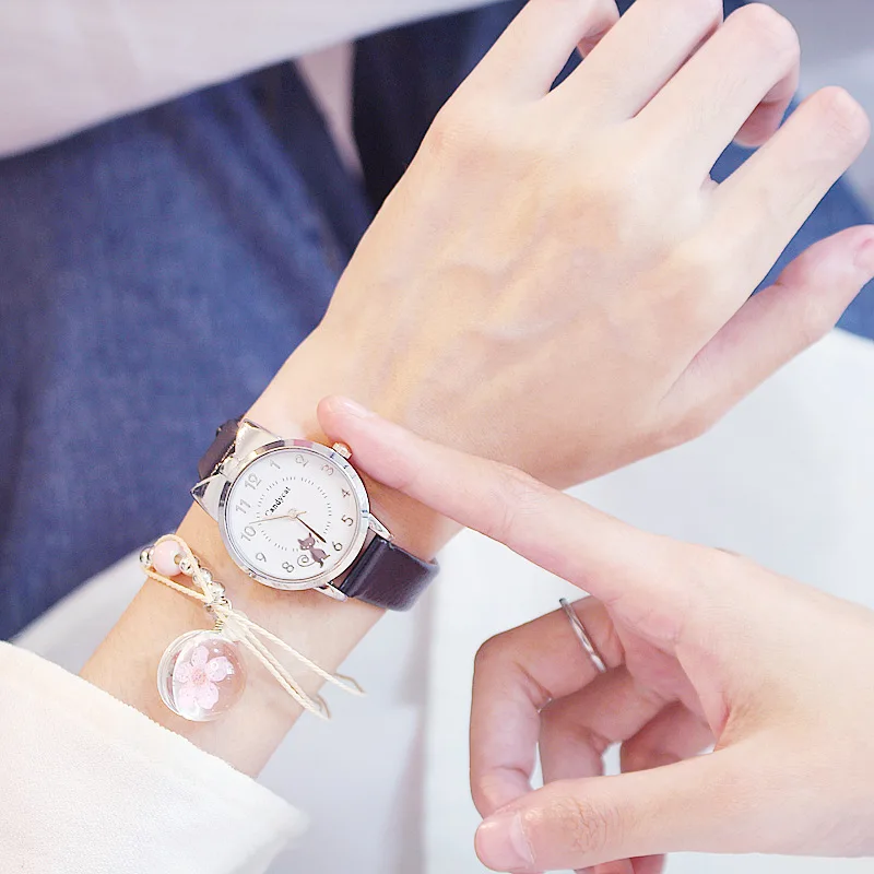 Часы женские кварцевые с кошачьими ушками повседневные модные наручные кожаным