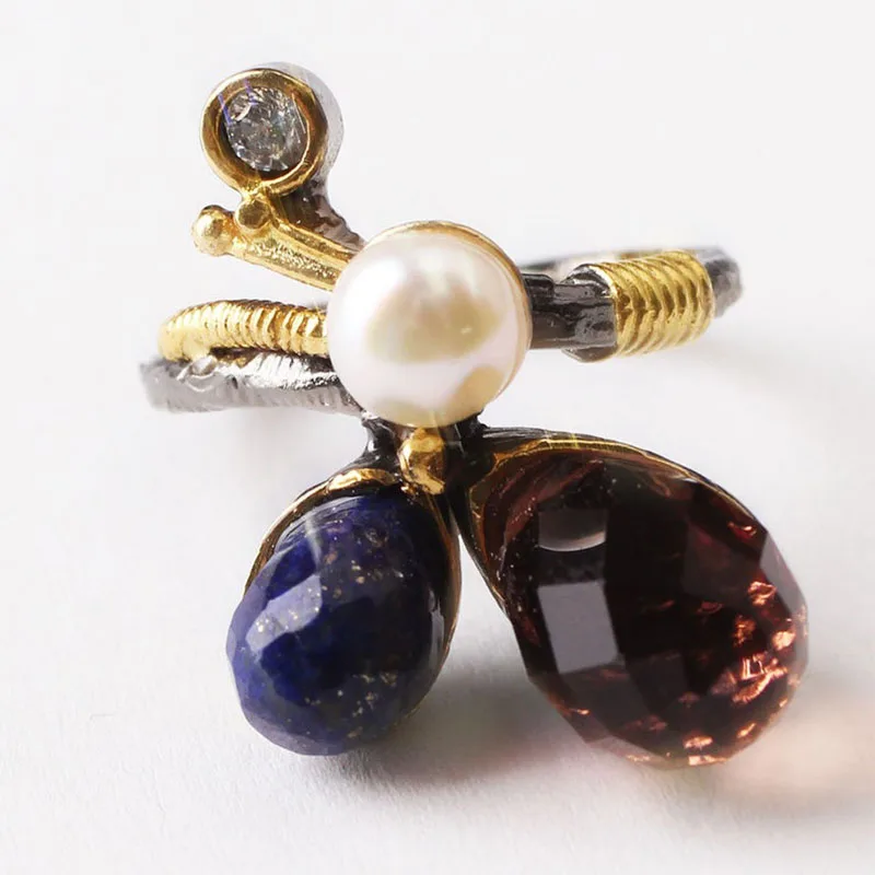 

Blue Lapis Lazuli and Brown Pearl Zircon Gold Plated Womens Silver Ring, Woman 925 Silver Zircon Handmade Ring, MultiColor