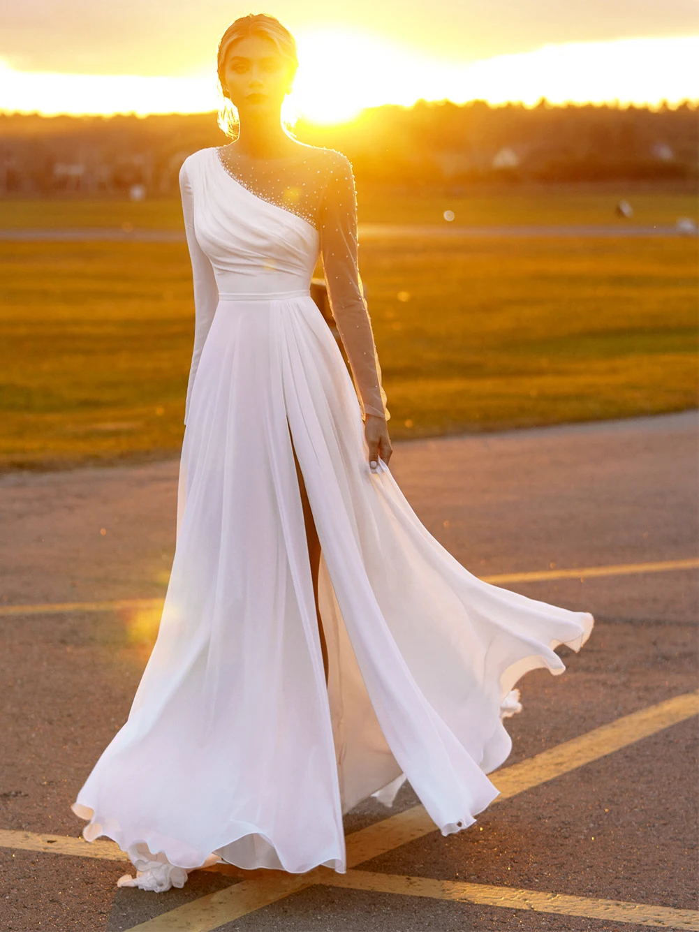 

10716#Scoop Neck A-Line Bohemian Vintage Vestido De Noiva Floor Length Long Sleeves Soft Satin Pearls Wedding Dress Bridal Gown