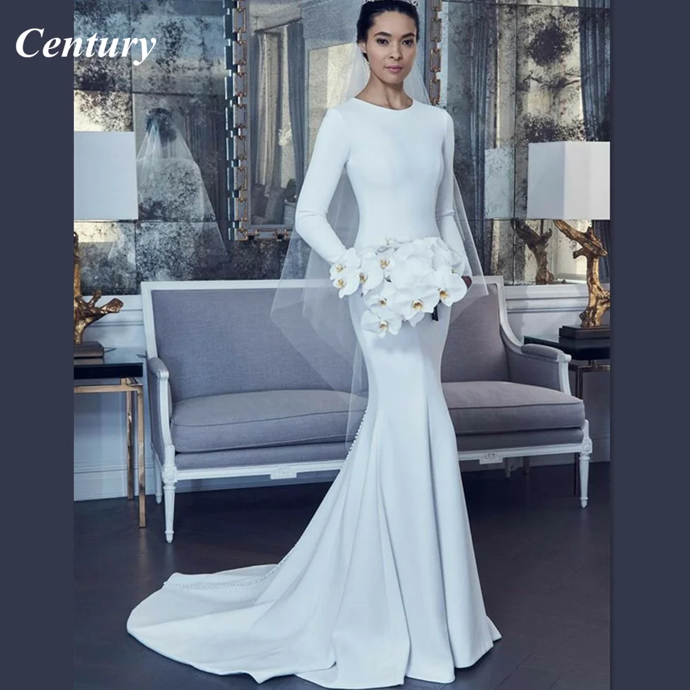 

Century Elegant Ivory Bride Dress O-Neck Long Sleeves Satin Wedding Dresses White Court Train Wedding Gown Mermaid Bridal Gowns