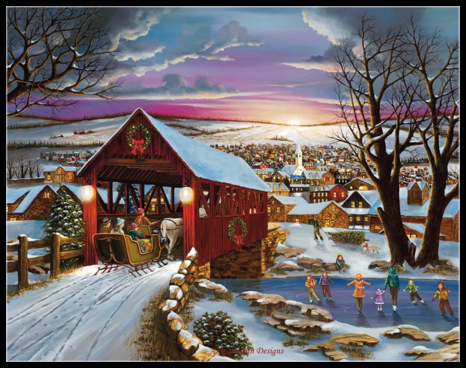 

Embroidery Counted Cross Stitch Kits Needlework - Crafts 14 ct Aida DMC color DIY Arts Handmade Decor - Covered Bridge Christmas